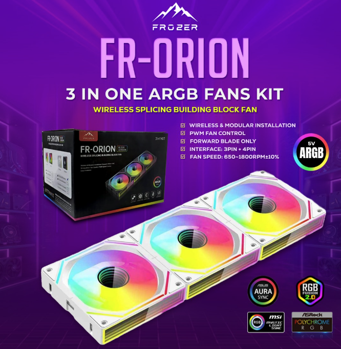 Frozer FR-Orion Wireless 3-in-1 ARGB Fan Kit (120mm PWM, Modular Daisy-Chain Interlocking Design)