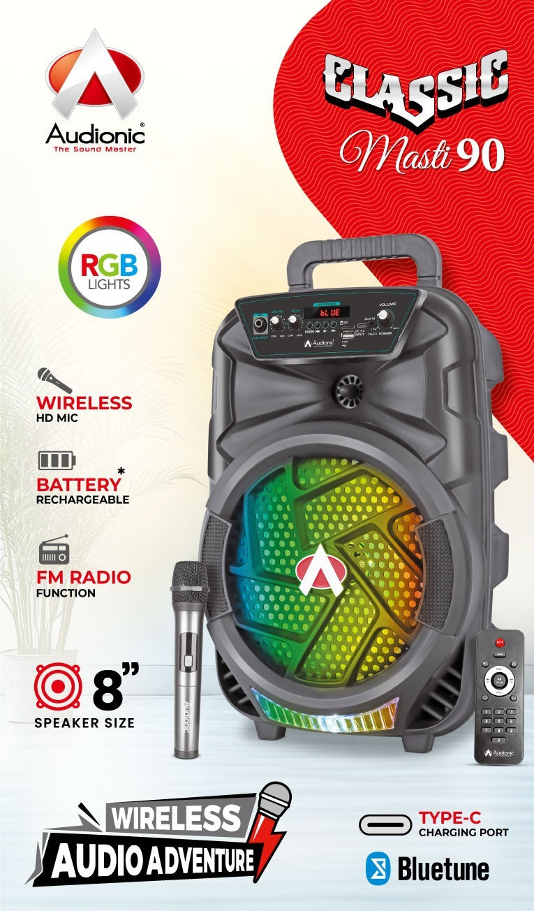 Audionic Classic Masti-90 8-Inch Portable Bluetooth Speaker with Wireless Mic