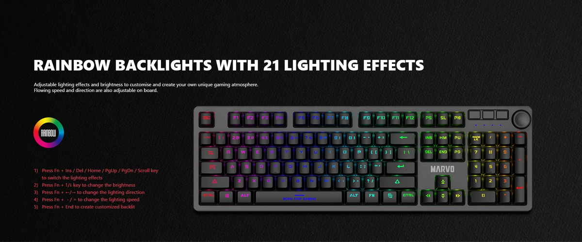 Marvo KG954 Full Size Mechanical Gaming Keyboard (Rainbow Backlight, Mechanical Switches, Double-Shot Keycaps)
