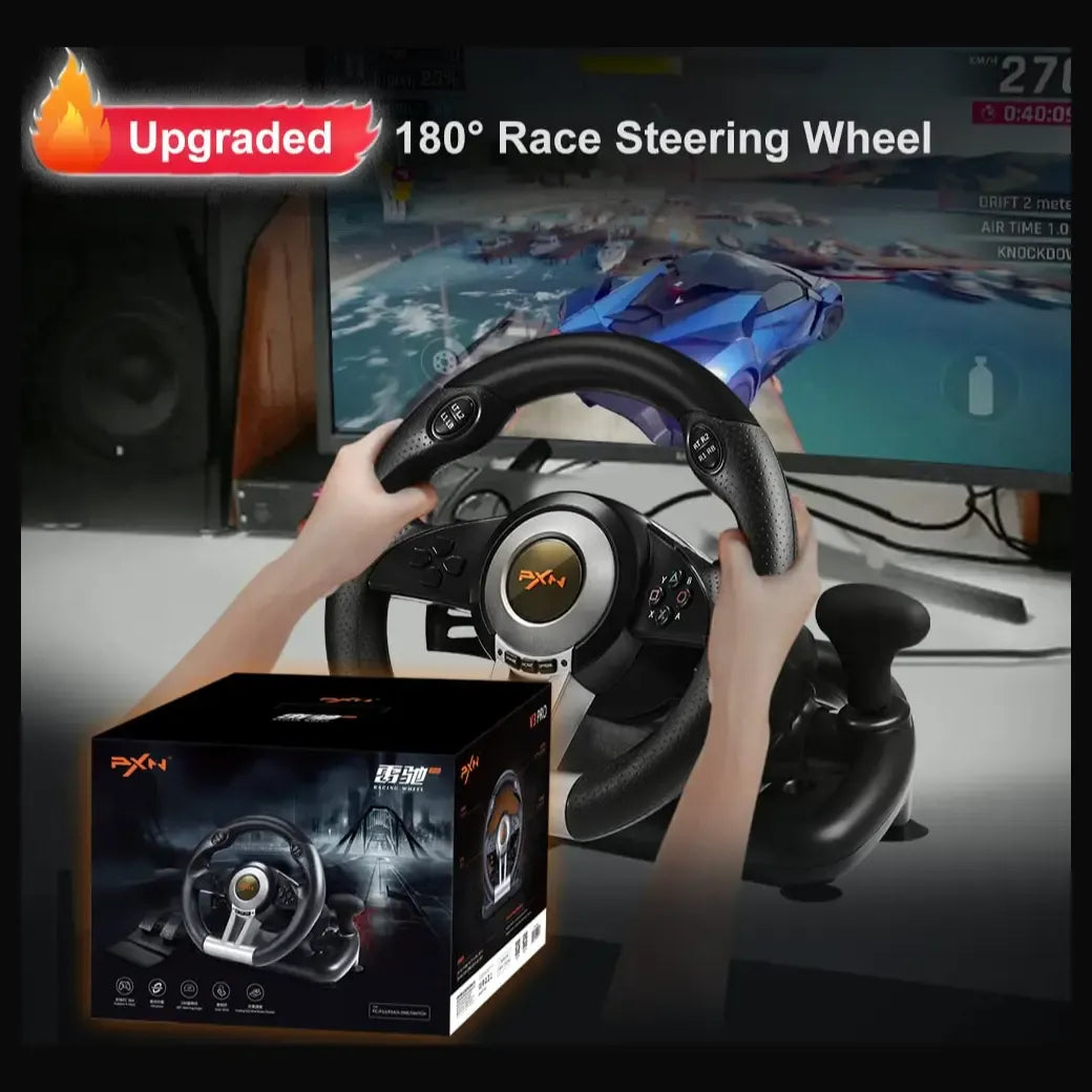 PXN V3Pro Gaming Steering Wheel & Pedal Set (180° Ergonomic Racing Wheel, Dual Vibration Motors, Multi-Platform USB Wired)