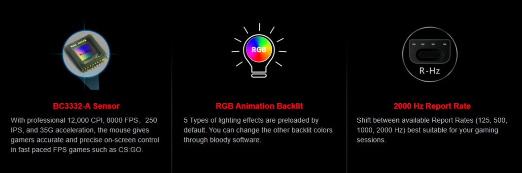 Bloody V8M Max RGB Optical Gaming Mouse (10,000 CPI Sensor, BC3332-A Engine, 8 Programmable Buttons)