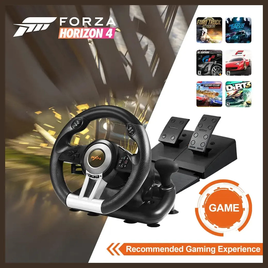 PXN V3Pro Gaming Steering Wheel & Pedal Set (180° Ergonomic Racing Wheel, Dual Vibration Motors, Multi-Platform USB Wired)