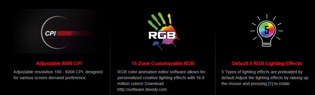 Bloody J95s 2-Fire RGB Animation Gaming Mouse (BC3332-S 8K Sensor, 8,000 CPI, 12 Programmable Buttons)