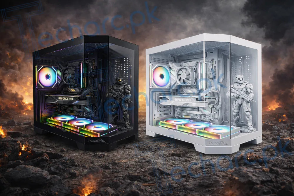 Thunder Spartan TGC-2142 Micro-ATX Gaming Computer Case (Panoramic Tempered Glass Showcase, 3 Pre-Installed ARGB Infinity Mirror Fans, High Airflow Layout, White)