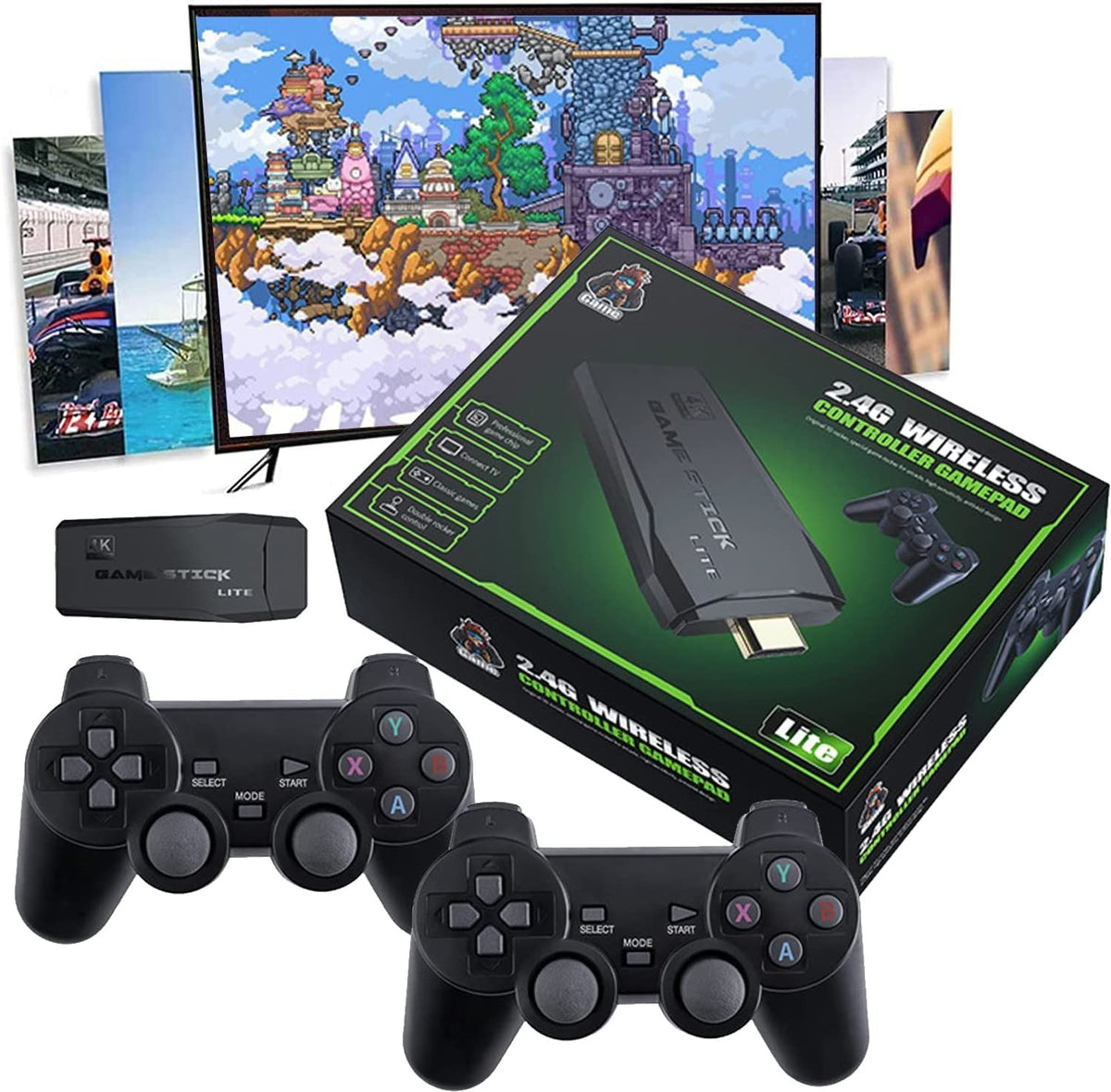 M8 4K HDMI Retro Game Stick Lite Console (Updated 64GB Edition, Built-in 20,000+ Games, Dual 2.4G Wireless Controllers)