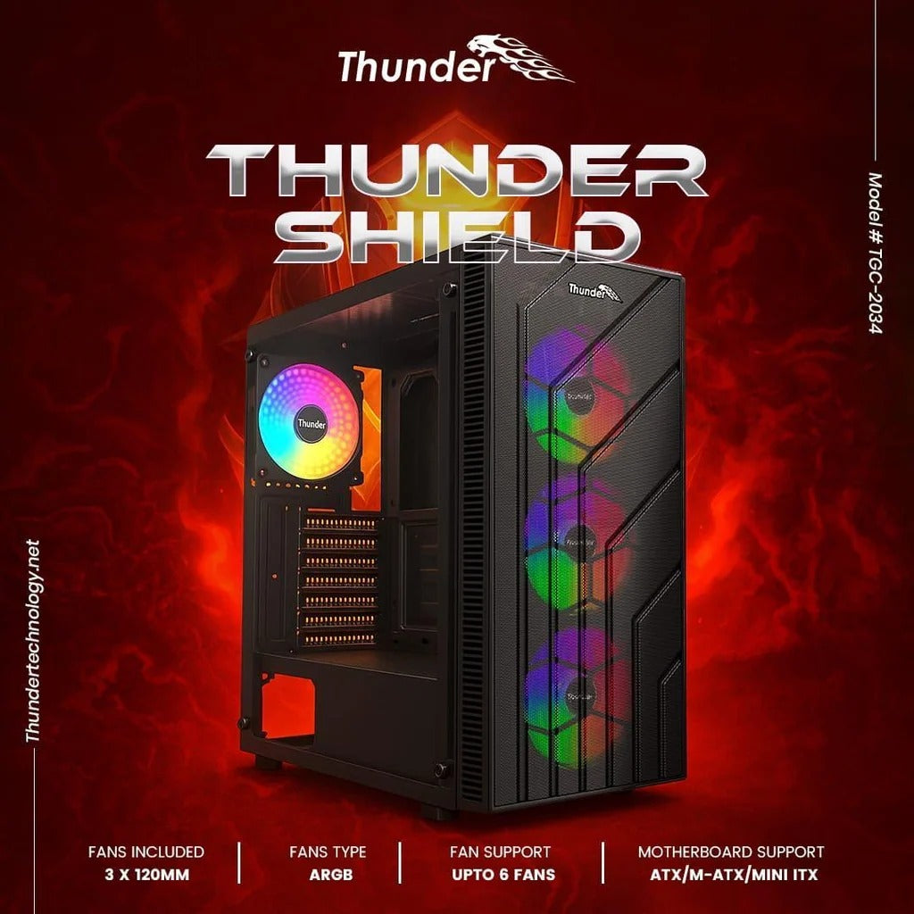 Thunder Shield TGC-2034 ATX Mid-Tower Gaming Computer Case (High-Airflow Front Mesh, Tempered Glass Panel, Top 240mm AIO Support)