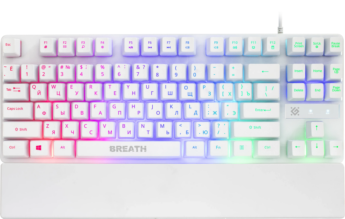 Defender Breath RGB Gaming Keyboard with Built-in Wrist Rest (Rainbow LED Backlit, Semi-Mechanical Tactile Feel, Non-Slip Base, Wired USB)