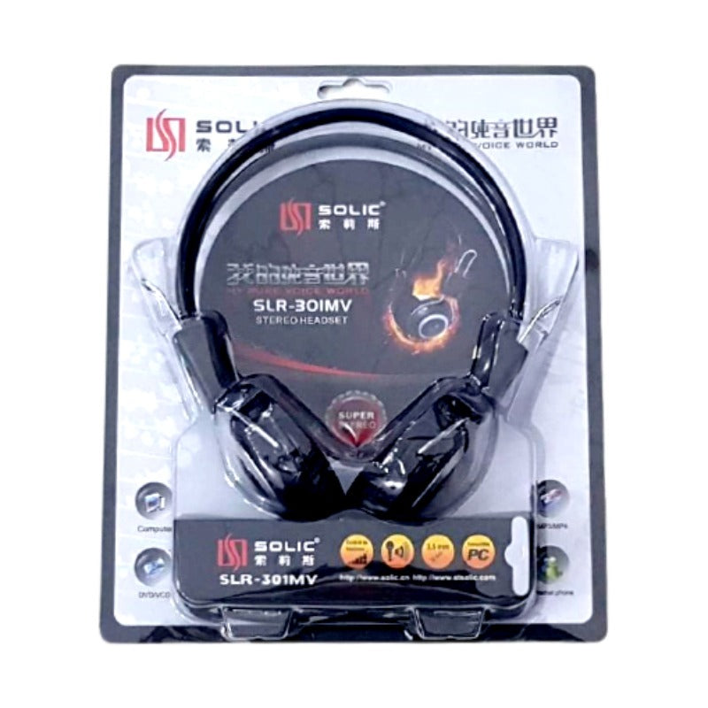SOLIC Black Wired Stereo Headphones with Built-in Microphone (3.5mm AUX)