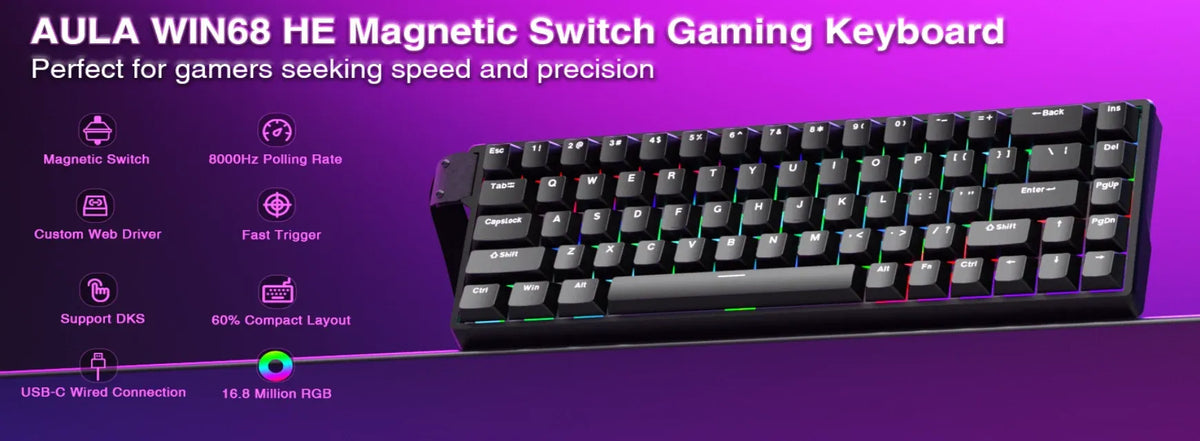 AULA WIN68 Wired Magnetic Switch Rapid Trigger Gaming Keyboard (Hall Effect Magnetic Switches, Dynamic RGB, 60% Compact Layout)