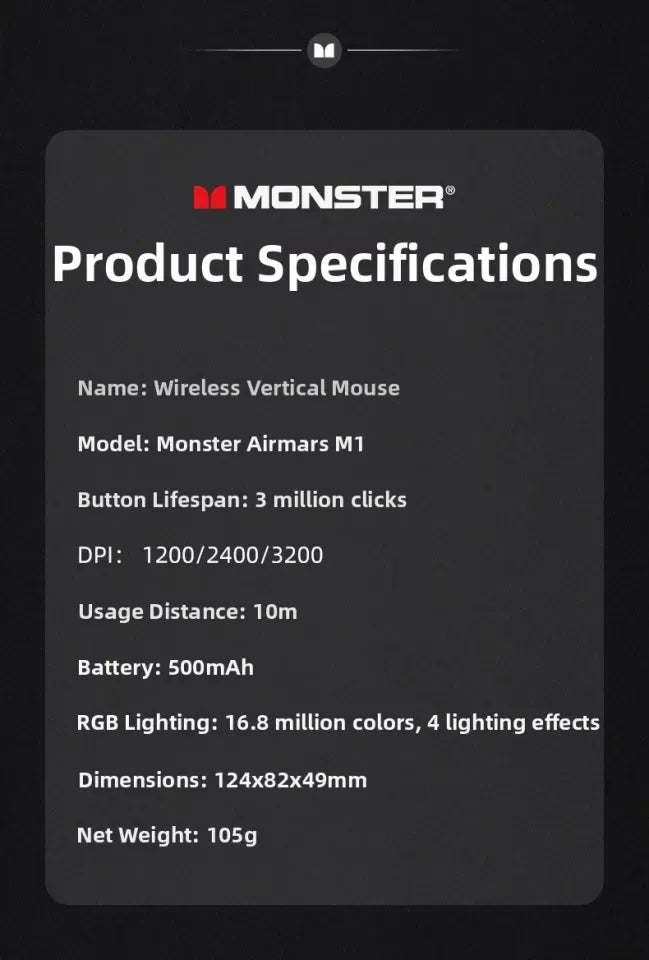 Monster Airmars M1 Wireless Vertical Ergonomic Mouse (2.4G + Bluetooth, PAW3212 Optical Sensor, RGB Lighting)