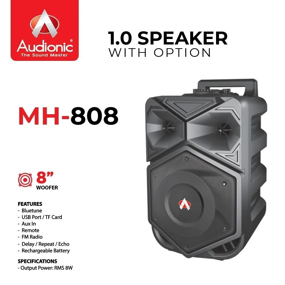 Audionic MH-808 Plus Mehfil Portable Bluetooth Speaker (8" Woofer, Wireless Mic, Remote Control, TWS Feature)