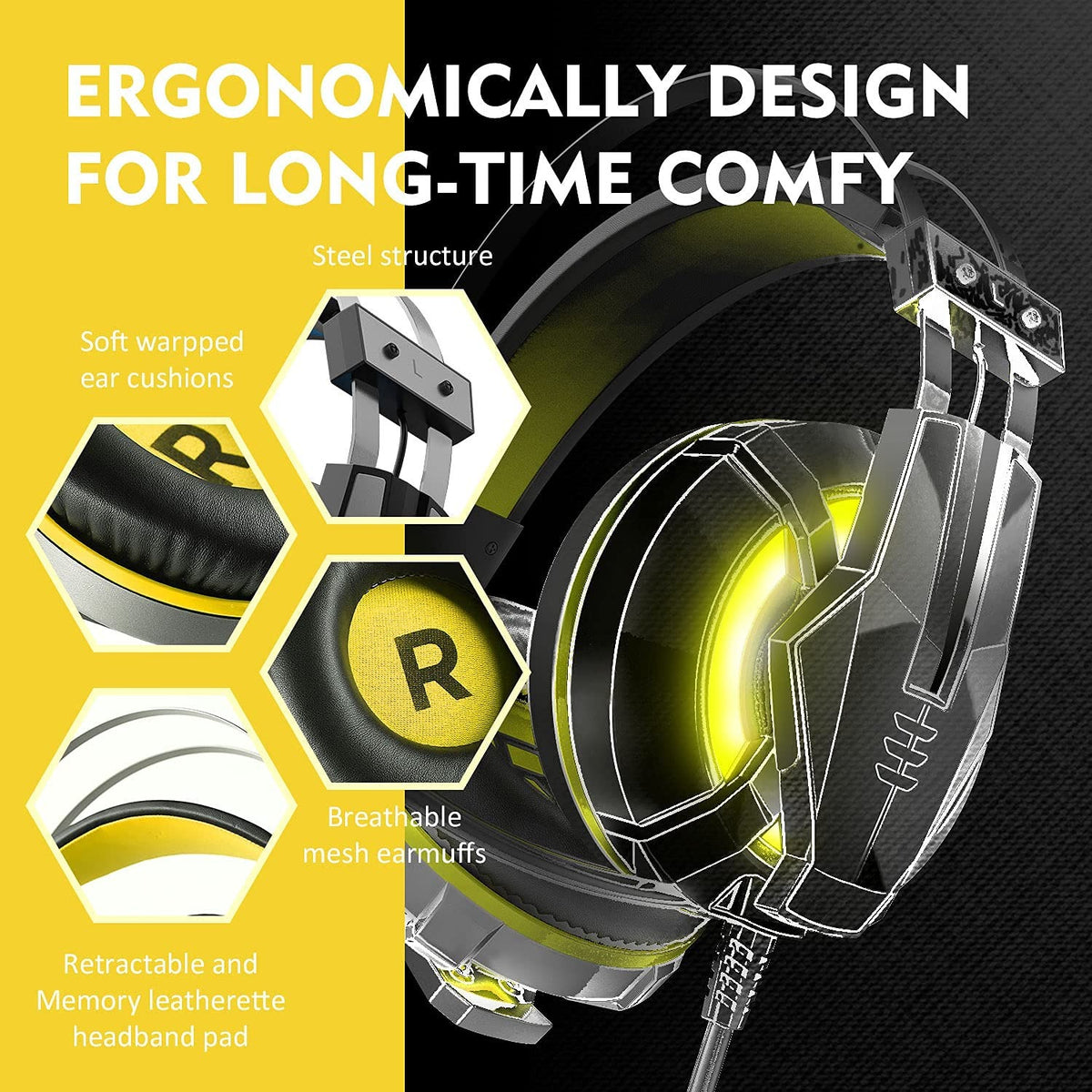 EKSA E800 Stereo Sound Wired Gaming Headset with Noise-Canceling Mic & LED Lights (3.5mm + USB)