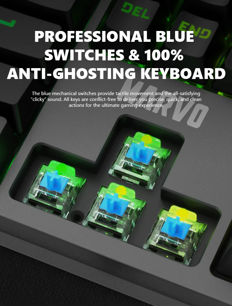Marvo KG954 Full Size Mechanical Gaming Keyboard (Rainbow Backlight, Mechanical Switches, Double-Shot Keycaps)