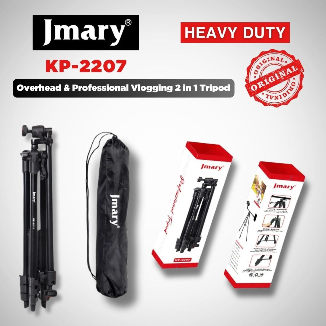 Jmary KP-2207 Overhead & Professional Vlogging 2-in-1 Tripod Monopod (Horizontal Center Column, 360° Ball Head, Phone Holder)