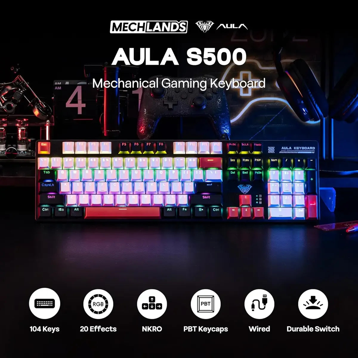 AULA S500 Mechanical Gaming Keyboard (Full-Size Layout, RGB Backlight, Mechanical Switches, Multi-Function Knob)