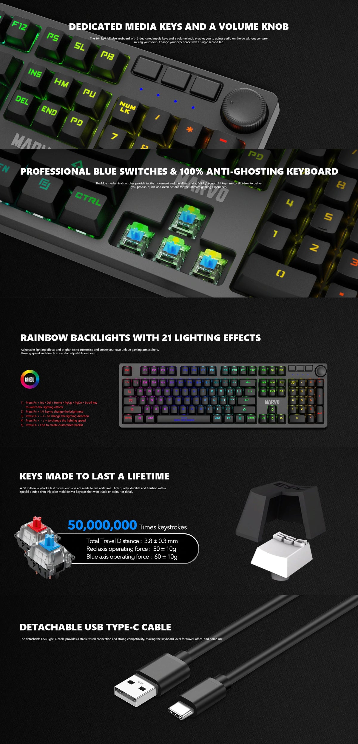Marvo KG954 Full Size Mechanical Gaming Keyboard (Rainbow Backlight, Mechanical Switches, Double-Shot Keycaps)