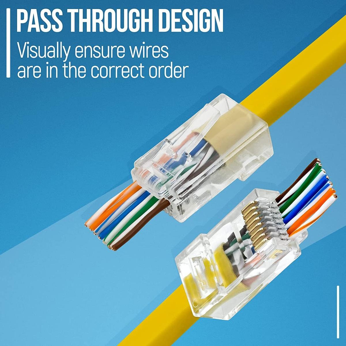 EZ RJ45 Pass-Through Modular Connectors (Cat5e / Cat6 8P8C Gold-Plated Ethernet Plugs, 100 Pcs Box)