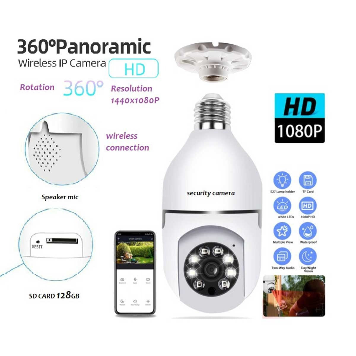 V380 Pro 2MP 1080P Full HD Wireless Wi-Fi Bulb Camera (360° PTZ E27 Bulb Holder, Night Vision, Two-Way Audio)