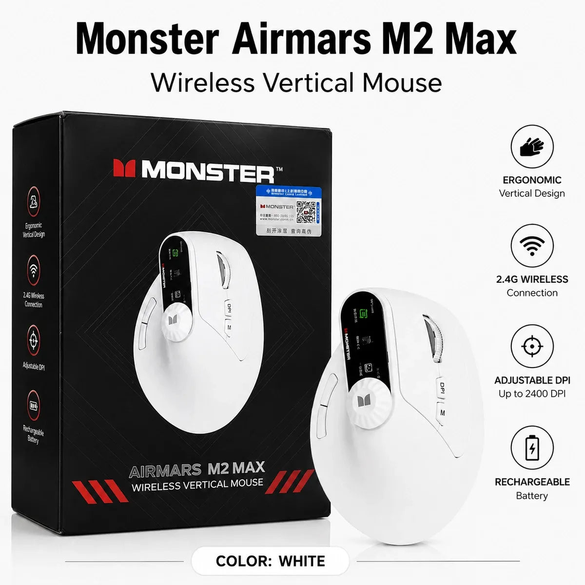 Monster Airmars M2 Max Tri-Mode Ergonomic Vertical Wireless Mouse (2.4G + Dual Bluetooth)