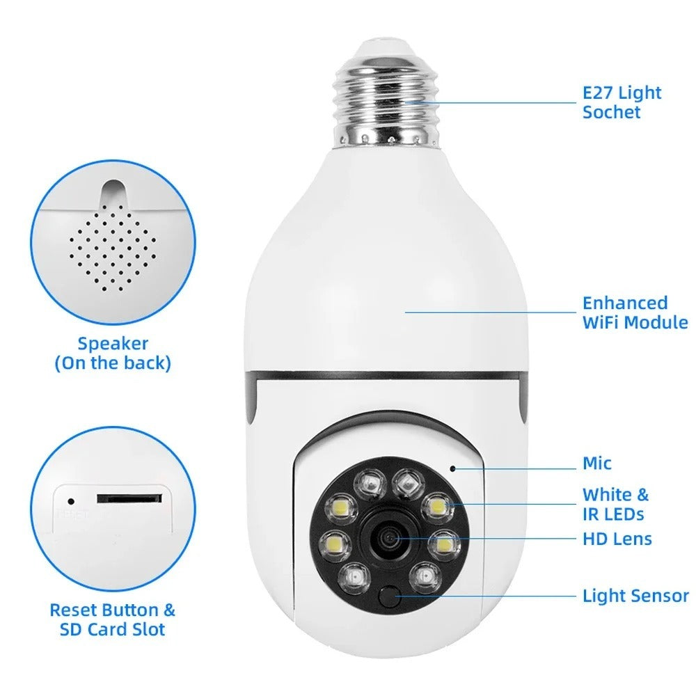 V380 Pro 2MP 1080P Full HD Wireless Wi-Fi Bulb Camera (360° PTZ E27 Bulb Holder, Night Vision, Two-Way Audio)