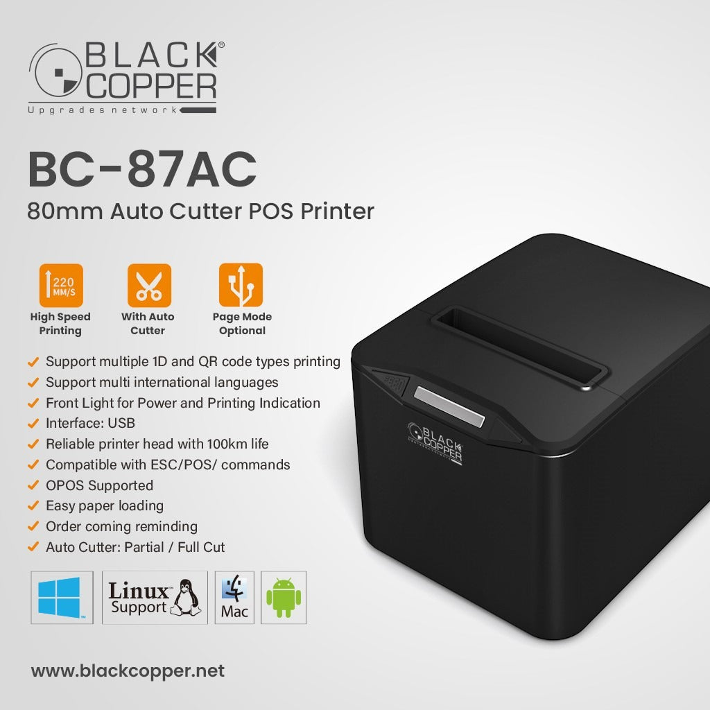 Black Copper BC-87AC 80mm Thermal Receipt Printer (Auto-Cutter, High-Speed Direct Thermal, Dual USB + Serial / LAN Interface, Heavy-Duty POS Printer)