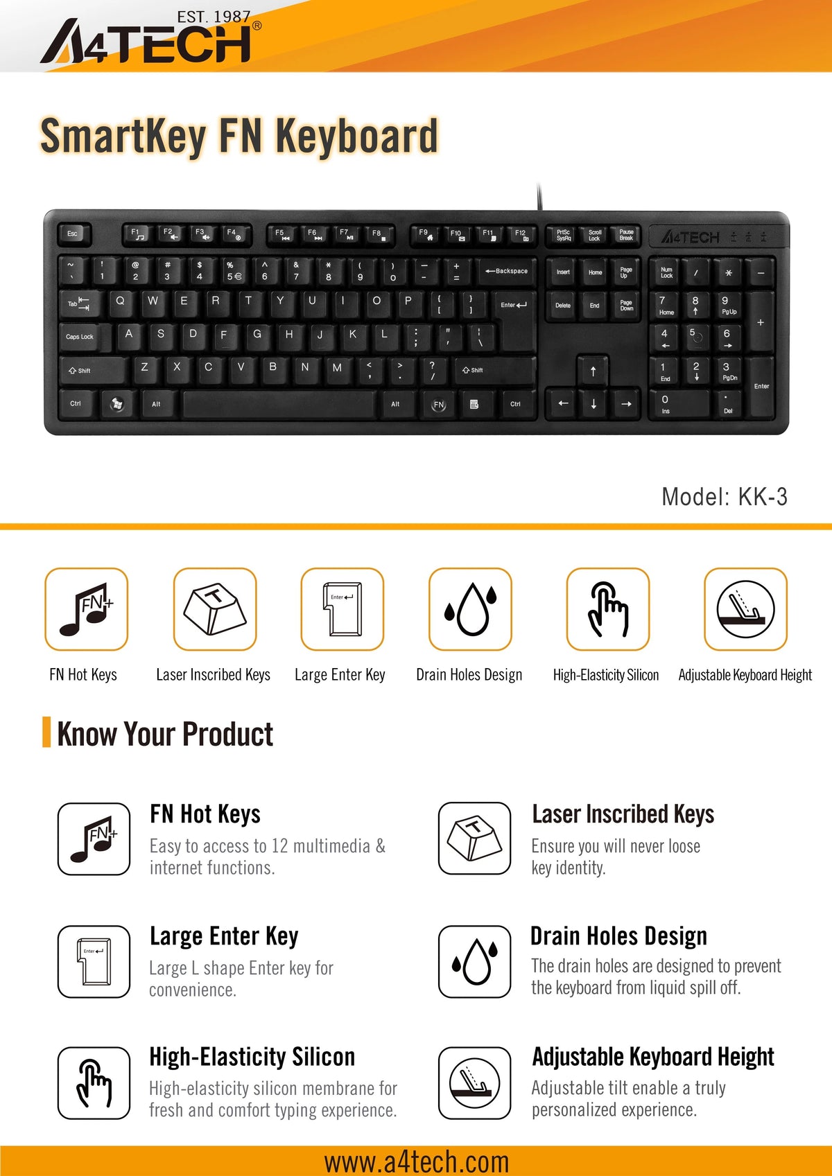 A4Tech KK-3 Multimedia SmartKey Keyboard (High-Elasticity Silicon, Drainage Holes, FN Hotkeys, USB Wired)