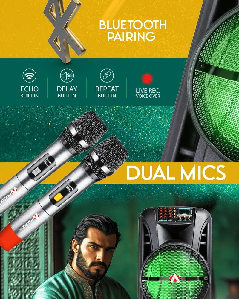 Audionic Mehfil MH-1212 Advance Dual 12-Inch Portable Bluetooth Trolley Speaker with 2 Wireless Mics