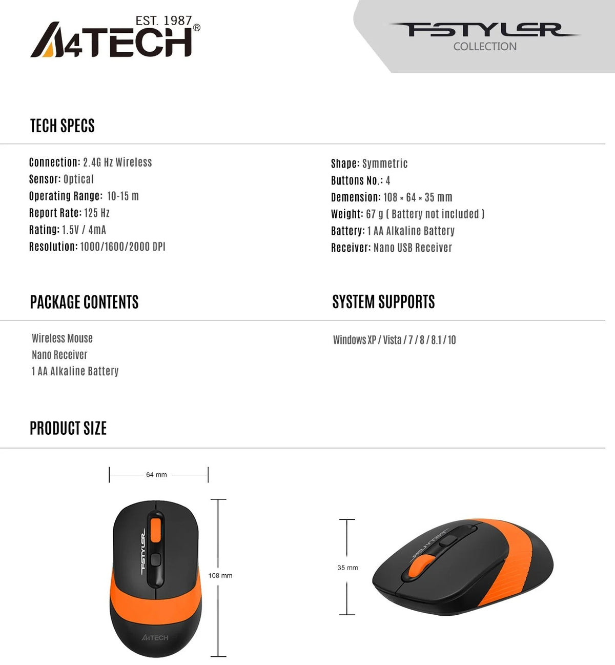 A4Tech FSTYLER FG10S Silent 2.4G Wireless Mouse (1200 DPI, Power Saving, Silent Clicking)