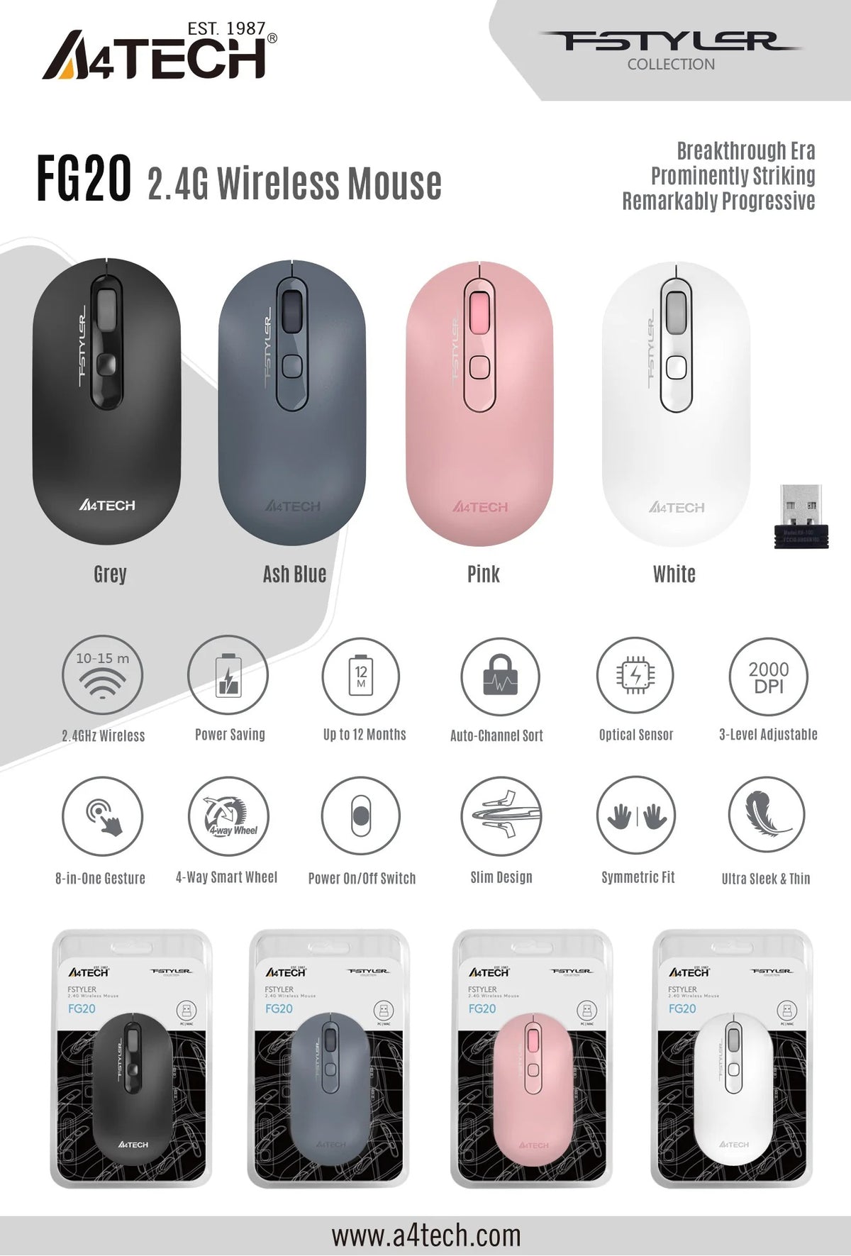 A4Tech FSTYLER FG20S Silent 2.4G Wireless Mouse (2000 DPI Adjustable, 4-Way Wheel, Compact Symmetric Design)