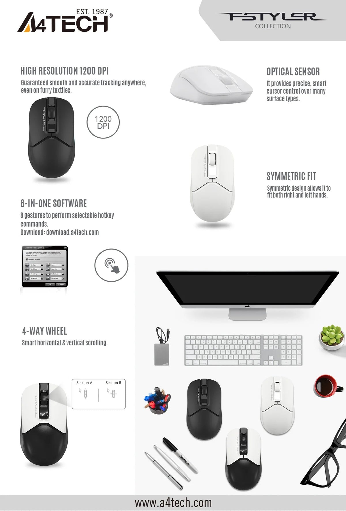 A4Tech FSTYLER FG12S Silent 2.4G Wireless Mouse (1200 DPI, Power Saving, Compact Symmetric Design)