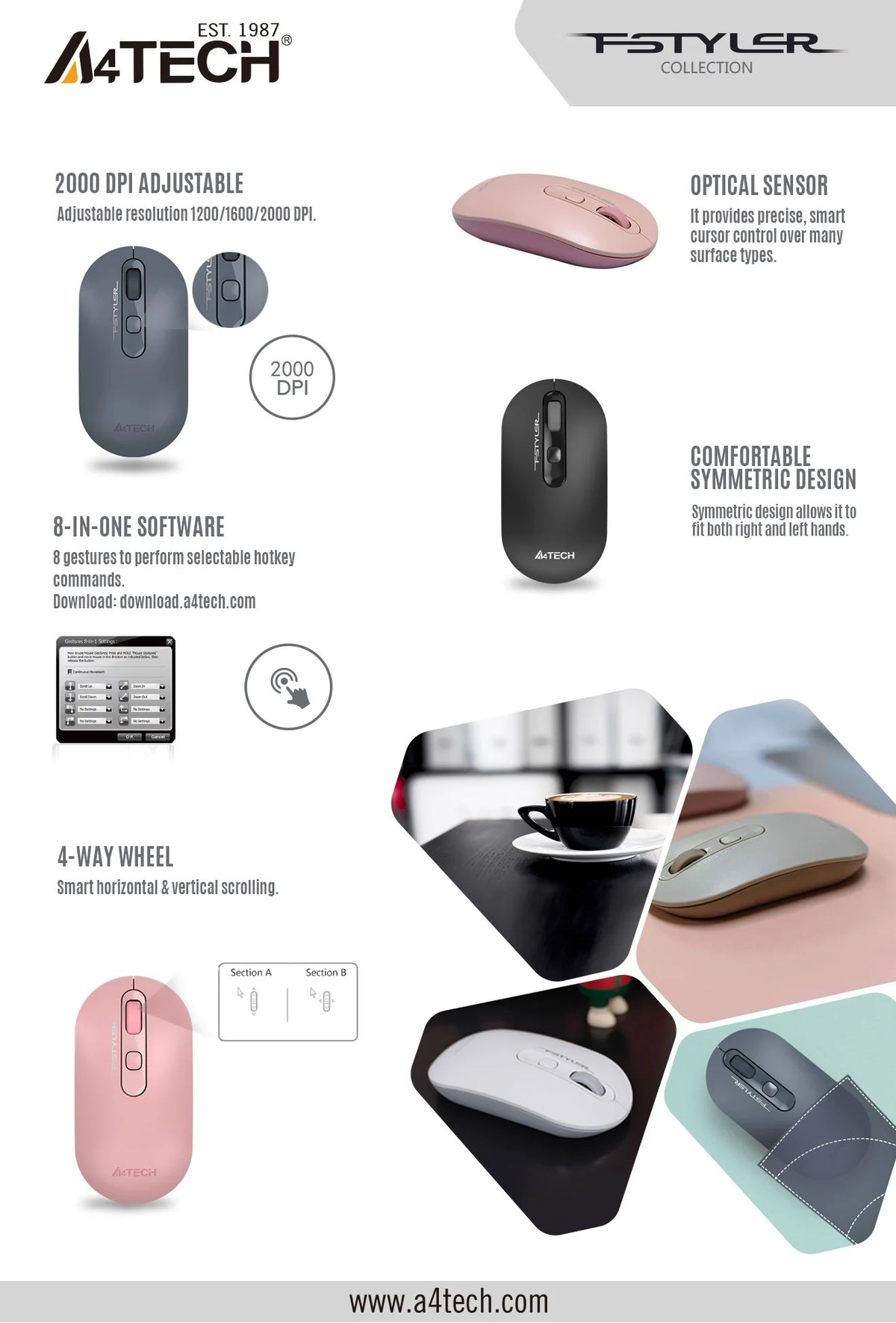 A4Tech FSTYLER FG20S Silent 2.4G Wireless Mouse (2000 DPI Adjustable, 4-Way Wheel, Compact Symmetric Design)