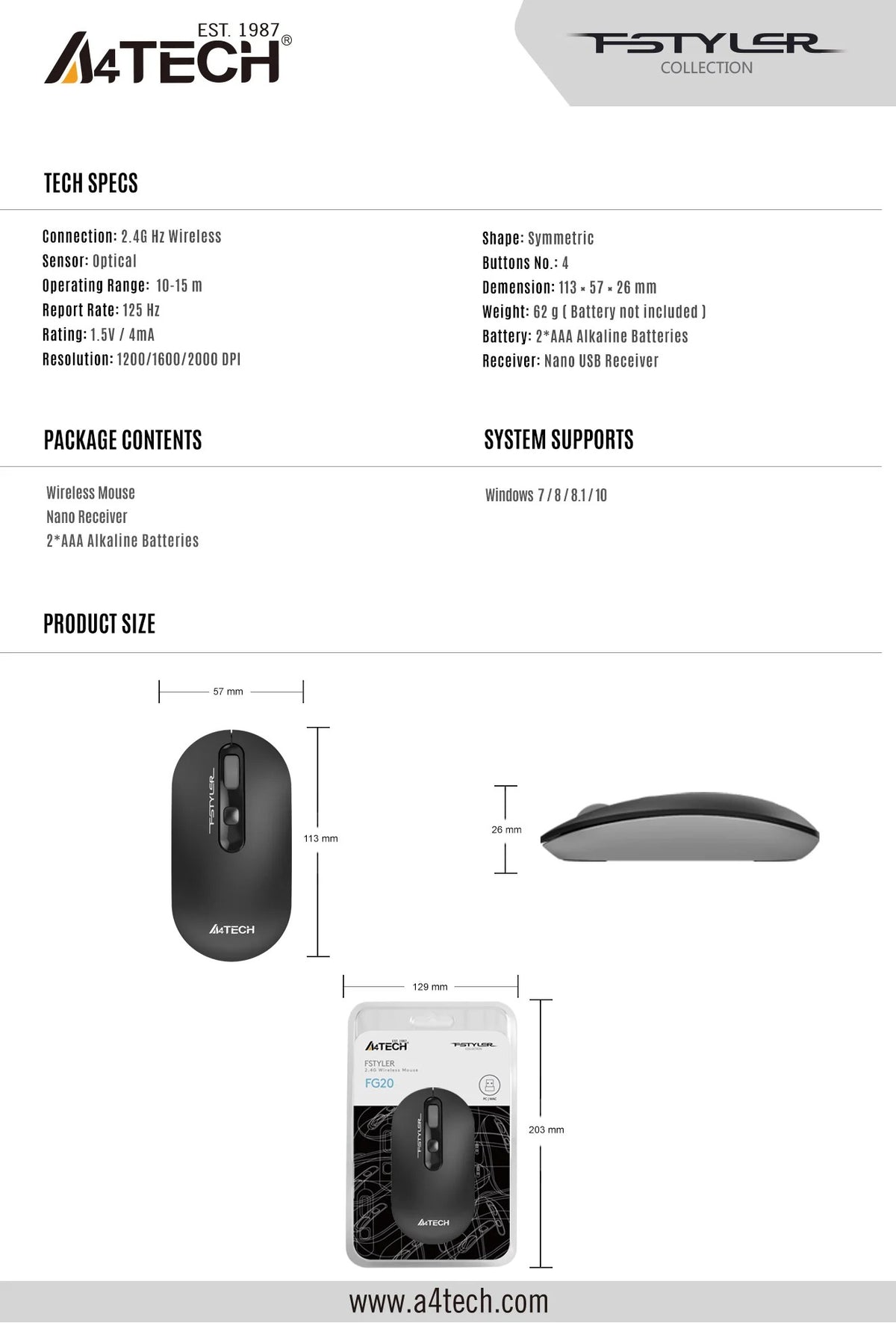 A4Tech FSTYLER FG20S Silent 2.4G Wireless Mouse (2000 DPI Adjustable, 4-Way Wheel, Compact Symmetric Design)