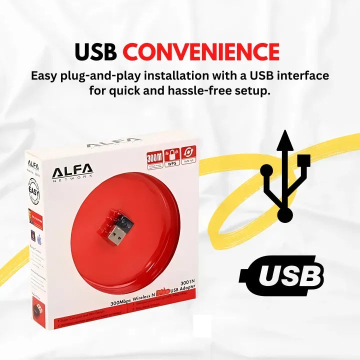 Alfa 300Mbps Wireless USB Wi-Fi Adapter (High-Gain Strong Signal Receiver Dongle)