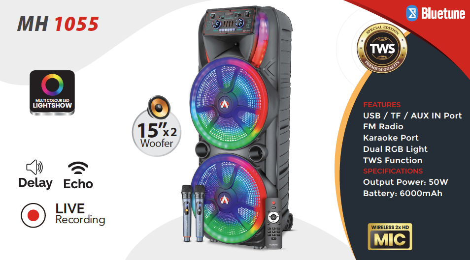 Audionic Mehfil MH-1055 Advance Double 10-Inch Portable Trolley Speaker