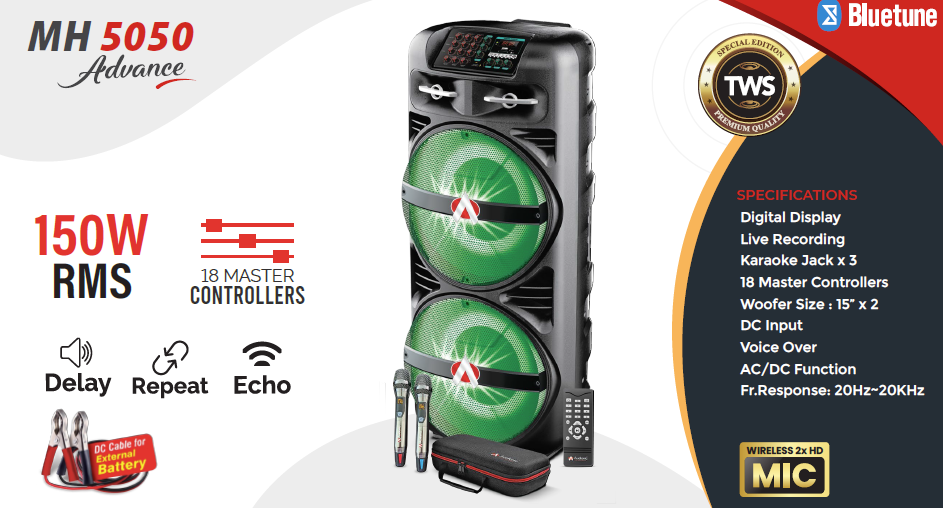 Audionic Mehfil MH-5050 5th Generation Double 15-Inch Tower Trolley Speaker with Dual UHF Mics