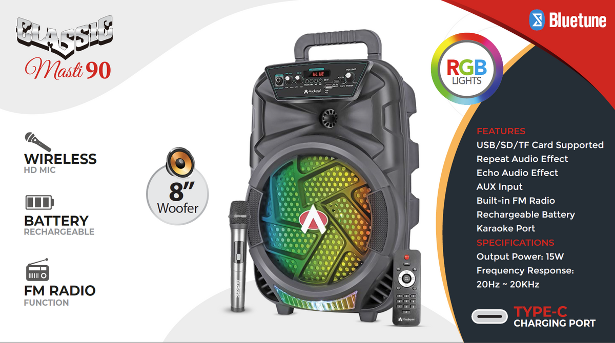 Audionic Classic Masti-90 8-Inch Portable Bluetooth Speaker with Wireless Mic