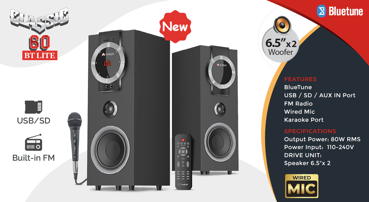 Audionic Classic 60 BT Lite 2.0 Channel Multimedia Speaker System with Wired Mic
