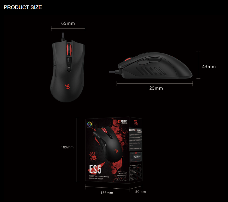 Bloody ES5 RGB Esports Gaming Mouse (PixArt Optical Engine, 3200 CPI, 1ms Response)