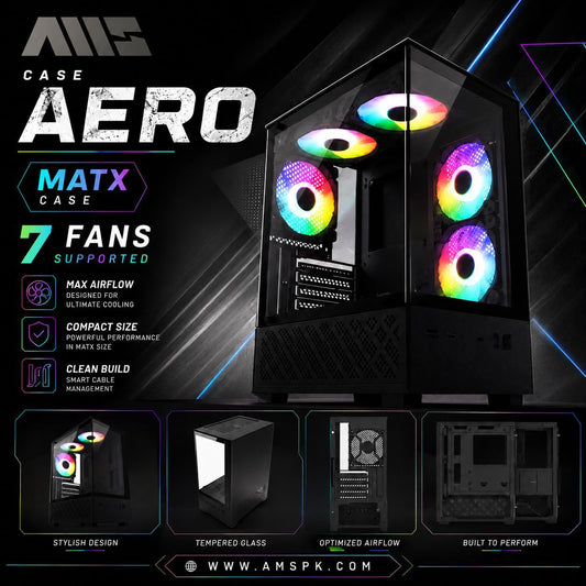 AMS Aero MATX Gaming Computer Case (Dual Tempered Glass Panoramic Design, 7 Fan Support, Optimized Airflow)