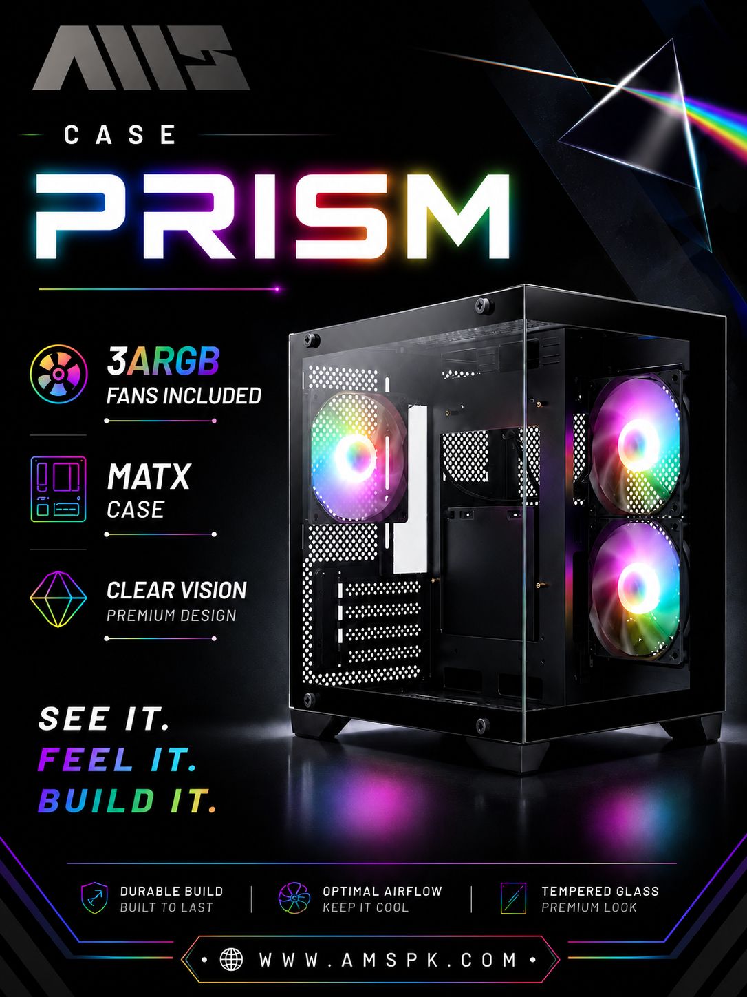 AMS PRISM MATX Gaming Computer Case (Dual Tempered Glass Panoramic Design, 3 ARGB Fans Included)