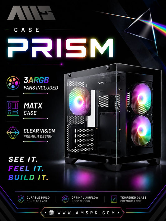 AMS PRISM MATX Gaming Computer Case (Dual Tempered Glass Panoramic Design, 3 ARGB Fans Included)