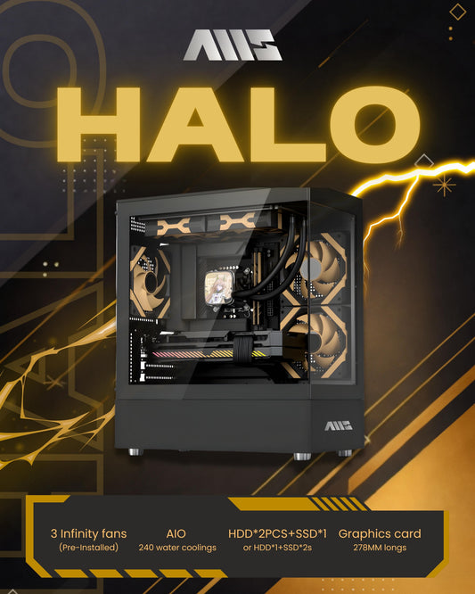 AMS HALO MATX Panoramic Gaming Computer Case (3 Pre-Installed Infinity Mirror Fans, 240mm AIO Support, Tempered Glass)