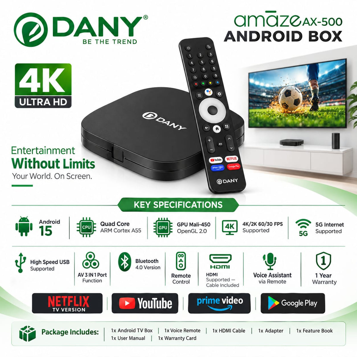 Dany Amaze AX-500 4K Ultra HD Smart Android TV Box (4GB RAM, 32GB ROM, Dual Wi-Fi, Voice Remote)