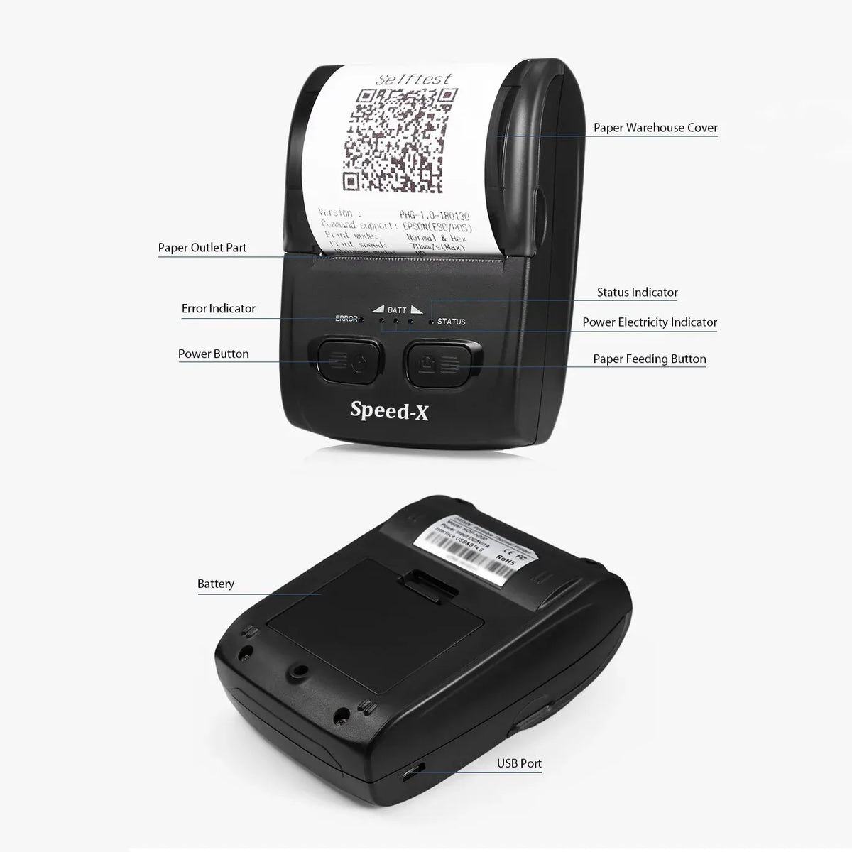 Speed-X BT500M Mini Portable Bluetooth USB Thermal Receipt Printer (58mm Paper Width, Wireless Bluetooth + USB Interface, Rechargeable Battery)
