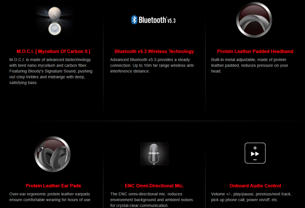 Bloody MH390 Bluetooth v5.3 Wireless Headset (40mm M.O.C.I. Drivers, 35H Battery, ENC Mic)
