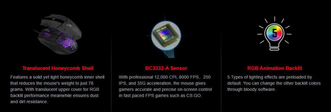 Bloody L65 Max Lightweight RGB Esports Gaming Mouse (BC3332-A Sensor, 12000 CPI, 4MB Memory)