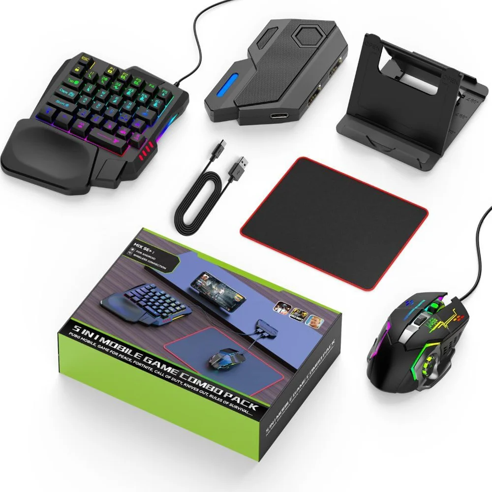 M1 Pro+ 5-in-1 Mobile Gaming Combo Pack (Keyboard, Mouse, Converter, Phone Stand, Mouse Pad)