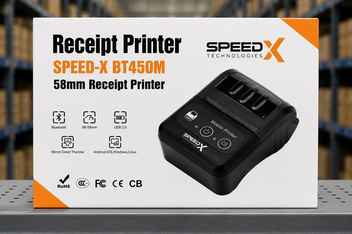 Speed-X BT450M Mini Portable Bluetooth USB Thermal Receipt Printer (58mm Paper Width, Rechargeable Battery, Wireless Mobile POS Printer)