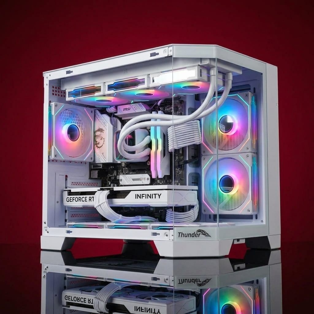 Thunder Spartan TGC-2142 Micro-ATX Gaming Computer Case (Panoramic Tempered Glass Showcase, 3 Pre-Installed ARGB Infinity Mirror Fans, High Airflow Layout, White)