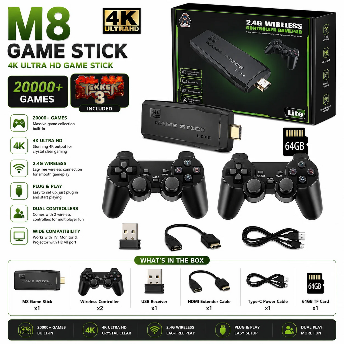 M8 4K HDMI Retro Game Stick Lite Console (Updated 64GB Edition, Built-in 20,000+ Games, Dual 2.4G Wireless Controllers)